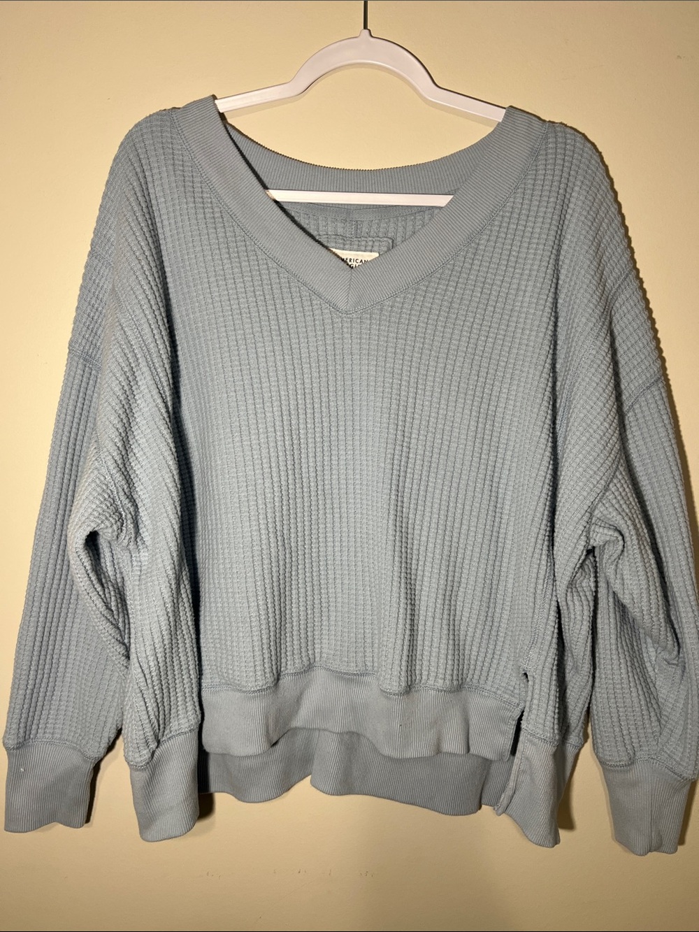 American Eagle Outfitters Light Blue Waffle V-Neck Sweater
